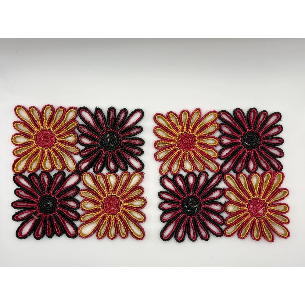 Vintage 70s‎ Straw Raffia Trivet Placemats Set of 2 Boho Flower Hot Pad Coasters
